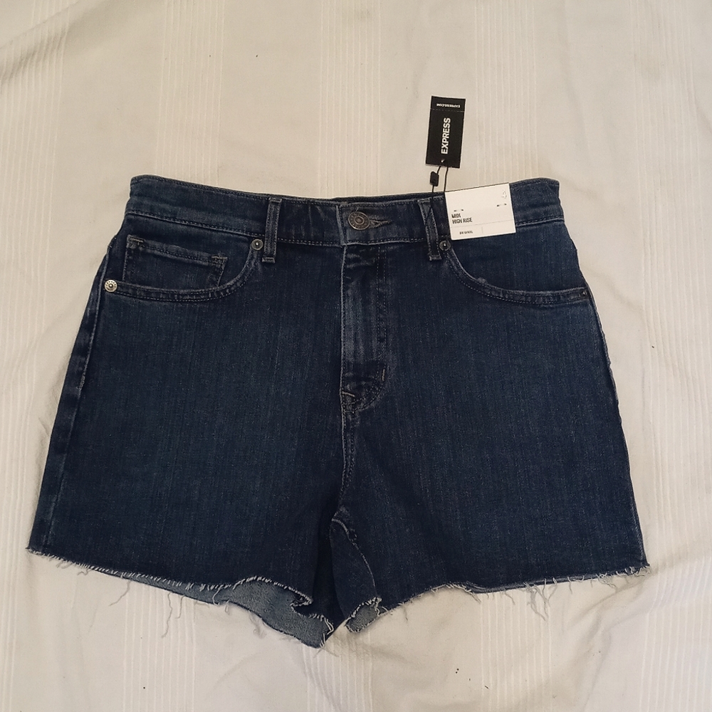 NWT EXPRESS JEANS HIGH-RISE MIDI JEAN SHORTS WOMENS 4 CUT-OFFS STRETCH DENIM